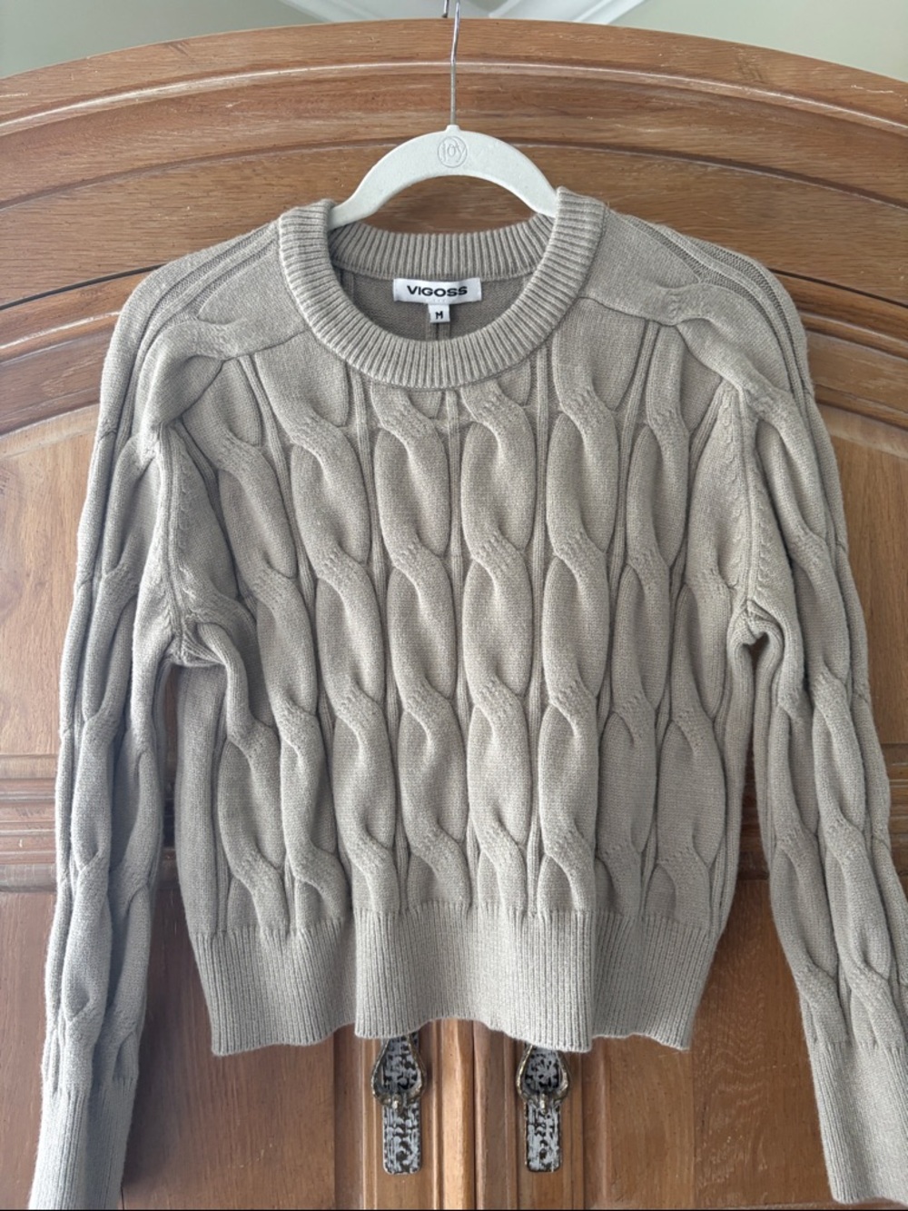 Vigoss Taupe Cable-Textured Crewneck Sweater